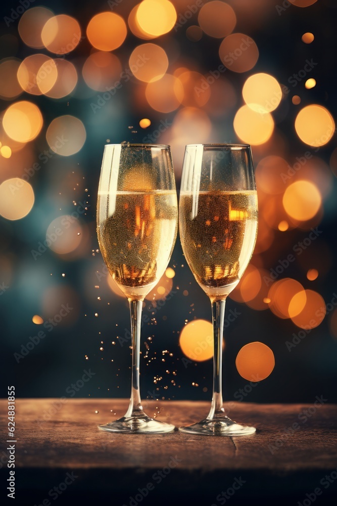 Two glasses of champagne on bokeh background. New Year celebration