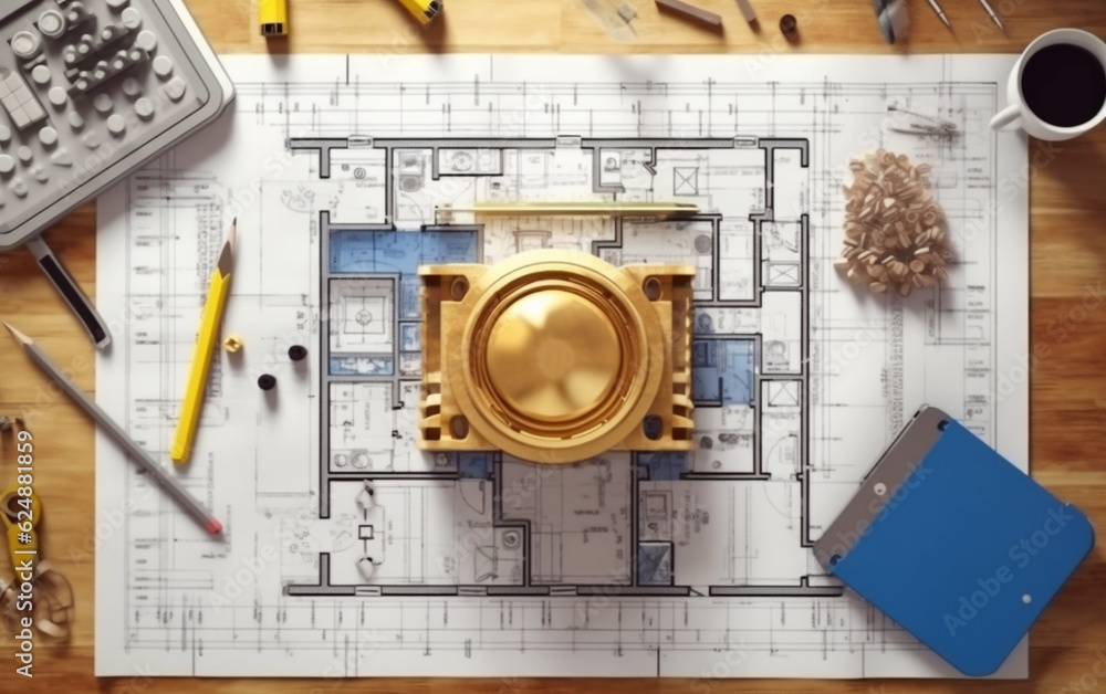 Fototapeta premium Top view of house plan blueprint paper with repair tools on table desk at architecture office
