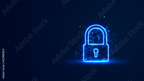 Futuristic glowing padlock with plexus lines and glitter particles. A padlock in the neon light style. Cyber security, data, and privacy protection. Digital technology background