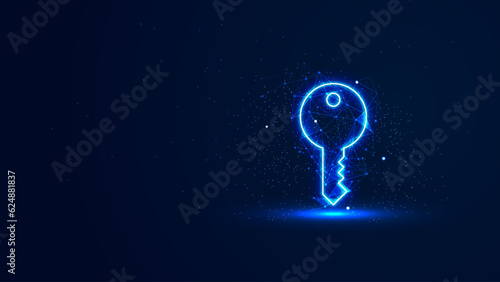 A futuristic glowing key symbol with plexus lines and glitter particles. A key in the neon light style. The concept of success. Digital technology background