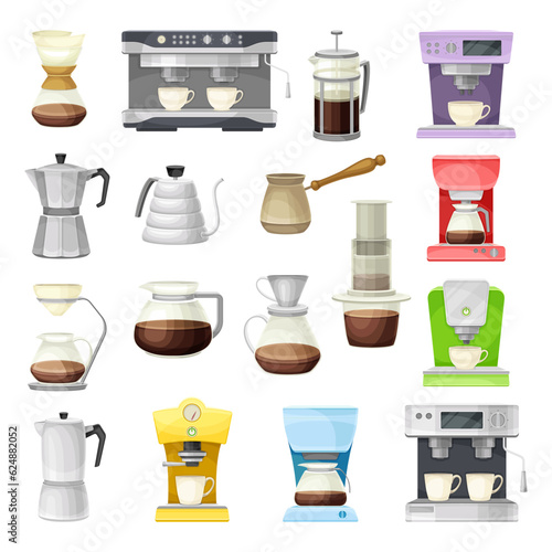 Coffee Brewing Machine with Coffeemaker and Percolator as Cafe Cooking Appliance Big Vector Set