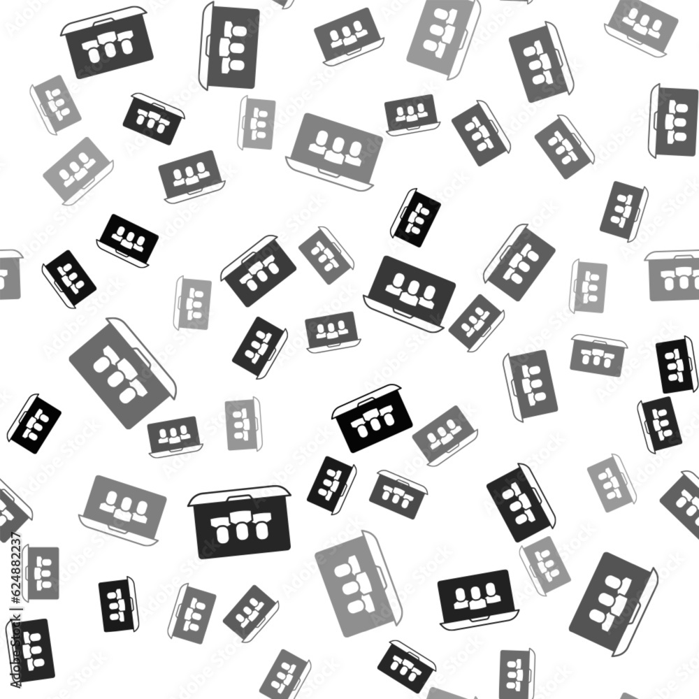 Fototapeta premium Black Video chat conference icon isolated seamless pattern on white background. Online meeting work form home. Remote project management. Vector