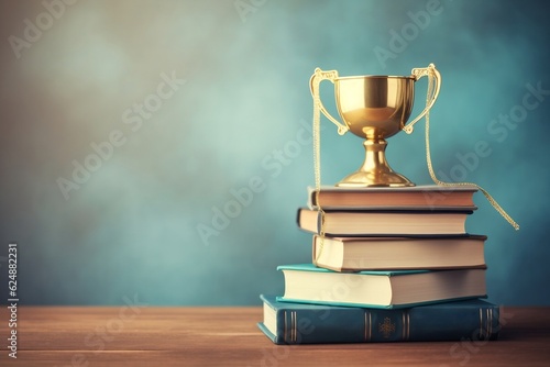Golden Cup Trophy and Medal on a Stack of Books. Generative AI