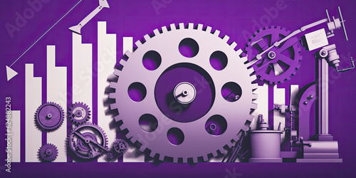 mechanical tools with stock market charts and graphs against a purple and white background
