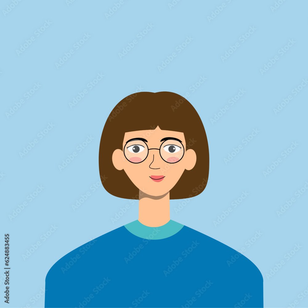 portrait of a beautiful woman with a smile and glasses in blue shirt vector illustration. avatar of a cute girl for social media profile and diversity icons. cartoon art of a pretty young lady.