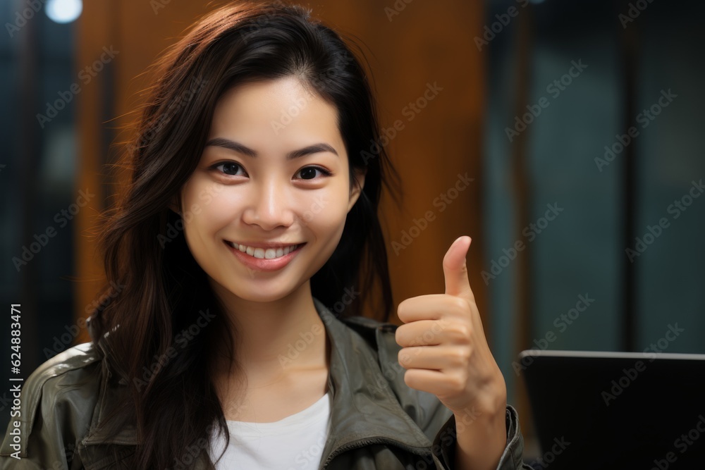 Happy excited Asian girl show thumbs up young smiling Japanese female Korean lady Chinese woman showing like approve recommend cool fine good idea emotion approved gesture agree hand sign agreement