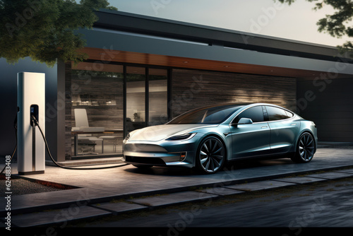 3D rendering of a brand-less generic concept car in charging station © Angus.YW