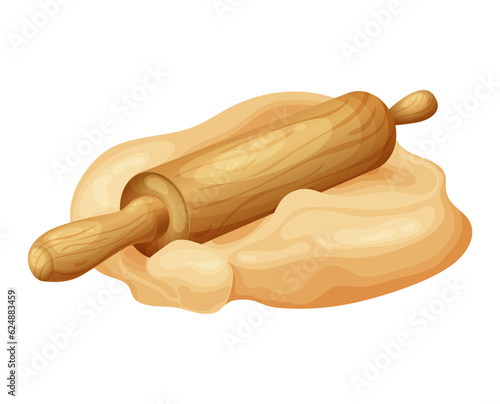 Fresh raw dough for bakind. Homemade tasty bread. Cartoon of wooden kitchen rolling pin. Vector illustration for menu, cafe, restaurant