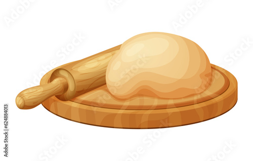 Fresh raw dough for bakind. Homemade tasty bread. Cartoon of wooden kitchen rolling pin. Vector illustration for menu, cafe, restaurant
