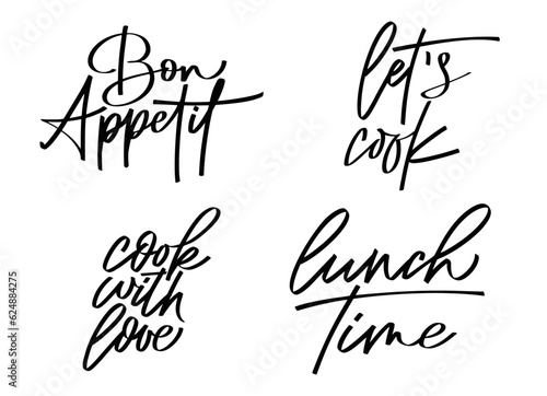 Set of script food text quote. Bon appetit lettering in hand drawn style. Typography word for menu, cafe, poster. Vector illustration