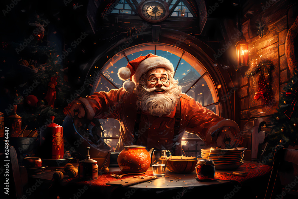 AI-generated illustration of happy Santa Claus inside a house with Christmas decorations.