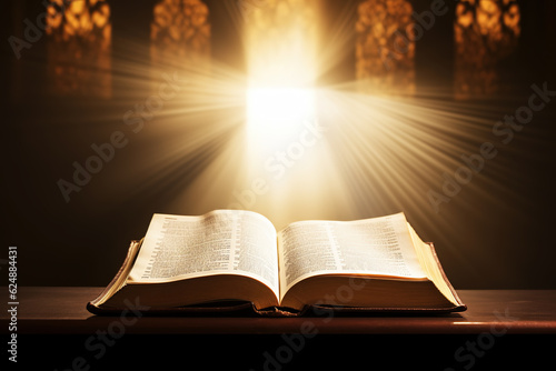 Fotografia Open Holy bible book with glowing lights in church