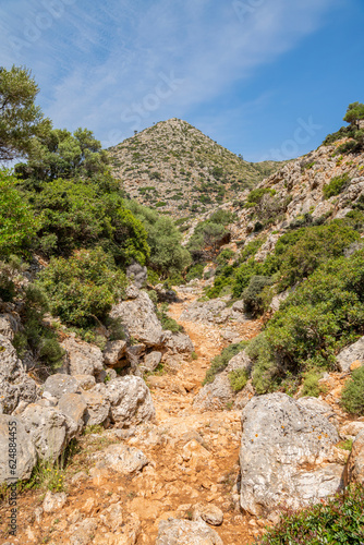 View of the hiking trail from Stavros to Katholiko Bay and Gouverneto Monastery, Stavros, Akrotiri district of the city of Chania, Crete, Greece