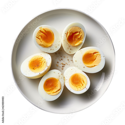 Halved boiled eggs served on a plate