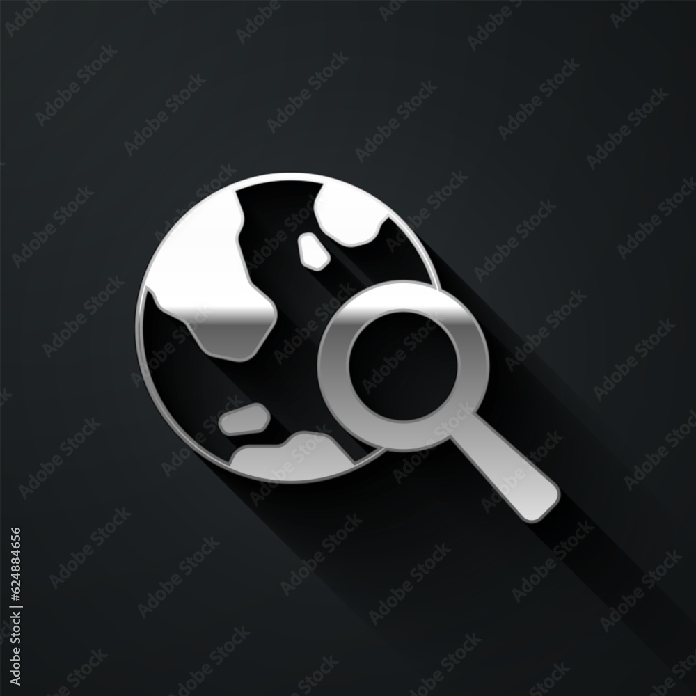 Silver Magnifying glass with globe icon isolated on black background. Analyzing the world. Global search sign. Long shadow style. Vector