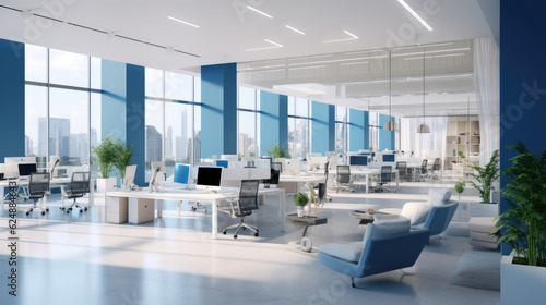 Modern white and blue open space office interior © Sasint
