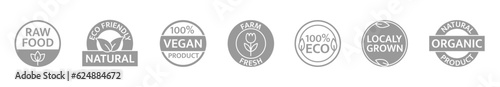 Natural product icon set. Gmo free. Organic, bio farm fresh, locally grown badges. Healthy vegan food label. Beauty product. Premium quality. Eco friendly tag. Sustainable life. Vector illustration