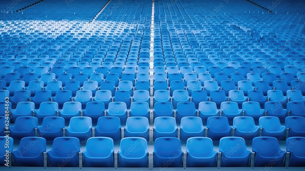 Fototapeta premium Blue tribunes. seats of tribune on sport stadium. empty outdoor arena. concept of fans. chairs for audience. cultural environment concept. color and symmetry. empty seats. modern stadium