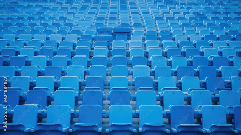 Naklejka premium Blue tribunes. seats of tribune on sport stadium. empty outdoor arena. concept of fans. chairs for audience. cultural environment concept. color and symmetry. empty seats. modern stadium