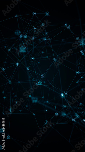 Blue digital money icons linked on grid mesh and line connection rotation on futuristic abstract background technology financial and cryptocurrency concept