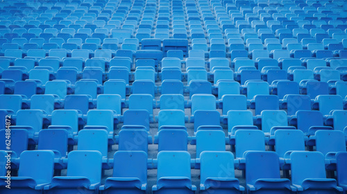 Blue tribunes. seats of tribune on sport stadium. empty outdoor arena. concept of fans. chairs for audience. cultural environment concept. color and symmetry. empty seats. modern stadium photo