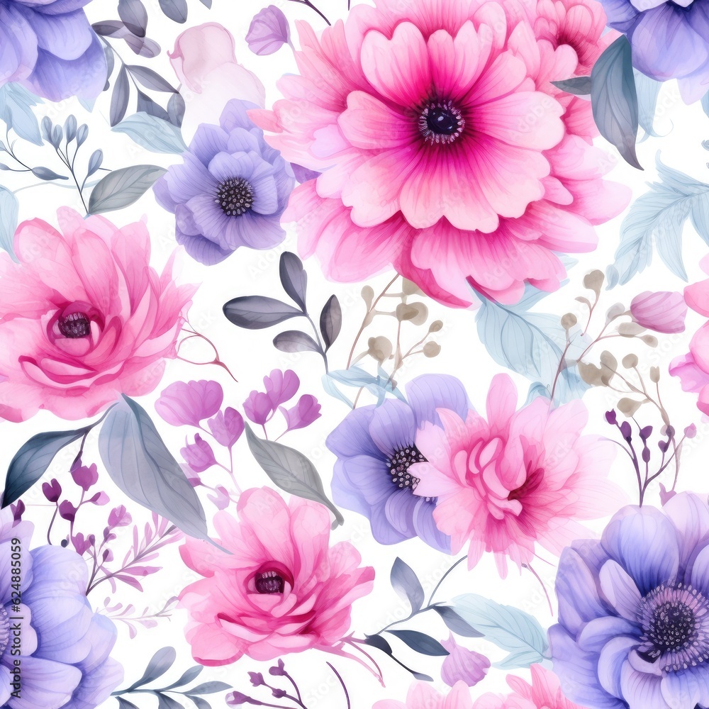 Flowers watercolor seamless pattern, generative ai
