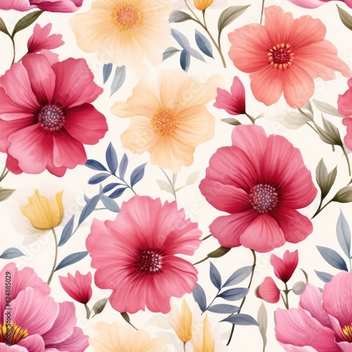Flowers watercolor seamless pattern, generative ai