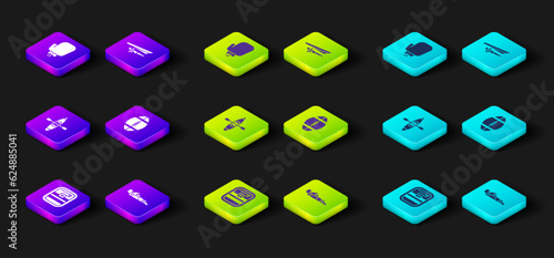 Set First aid kit, Formula 1 racing car, Kayak canoe, Rugby ball, Hang glider and Boxing glove icon. Vector