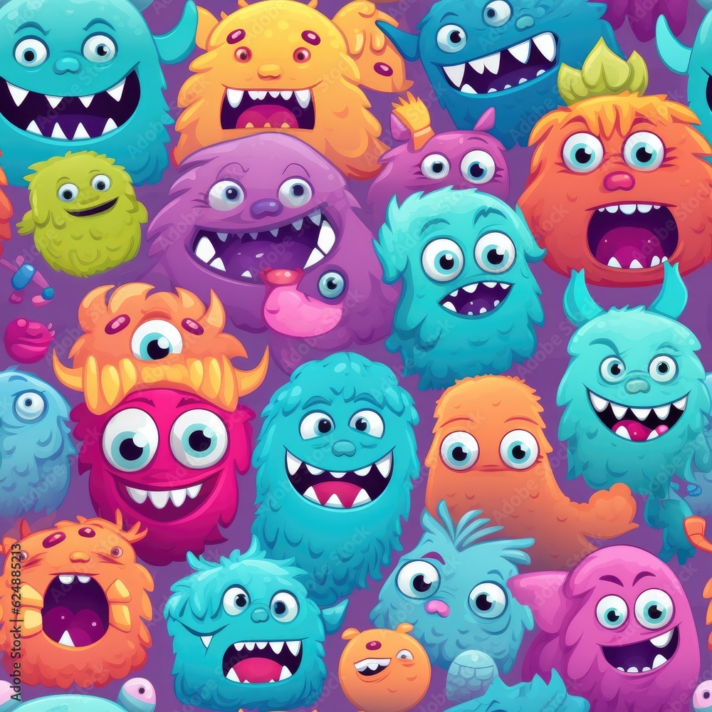 Cute cartoon monster seamless pattern, generative ai Cute cartoon monster seamless pattern, generative ai