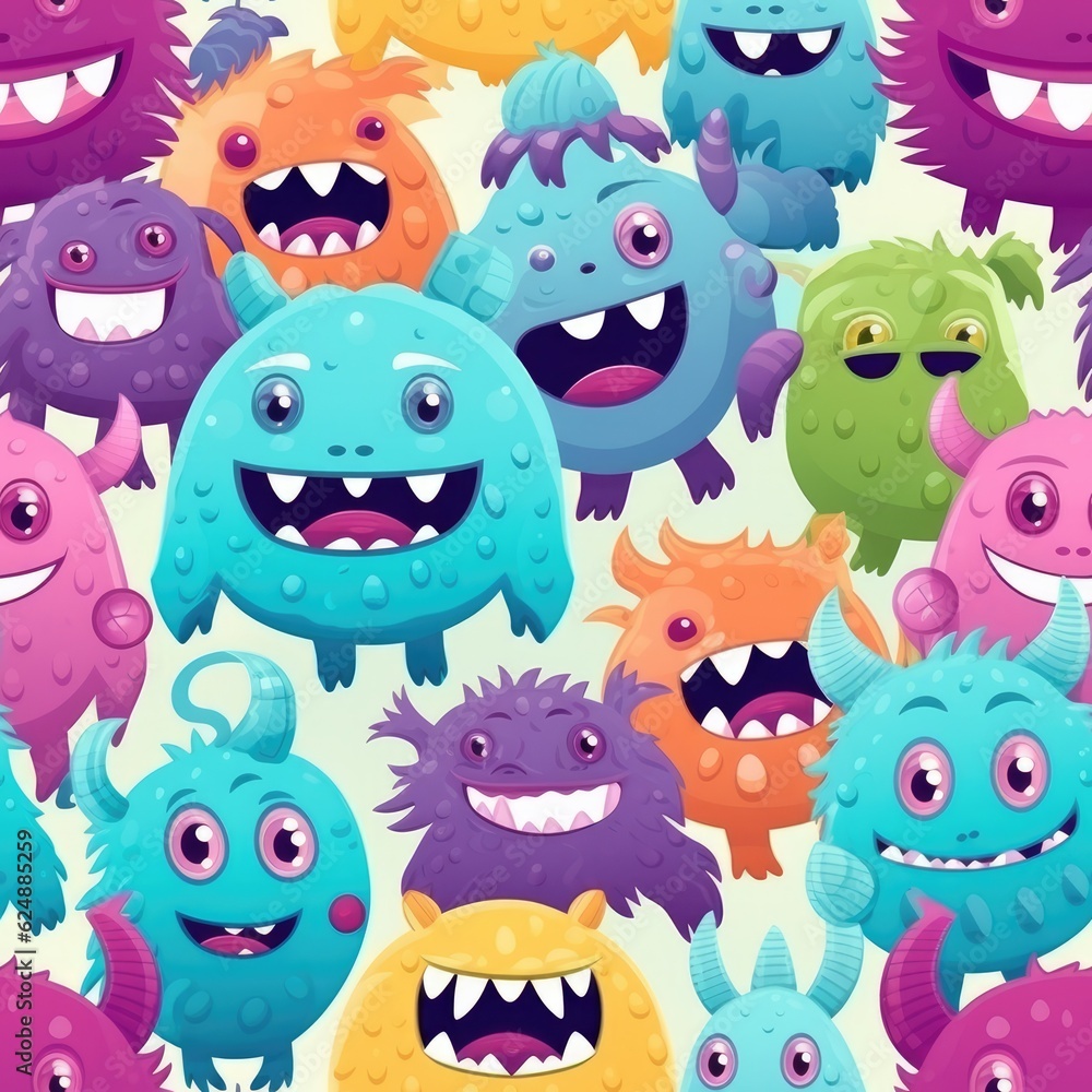 Cute cartoon monster seamless pattern, generative ai Cute cartoon monster seamless pattern, generative ai