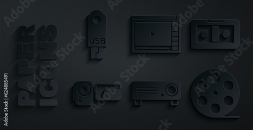 Set Movie, film, media projector, VHS video cassette tape, Cinema camera, Film reel, Online play and USB flash drive icon. Vector