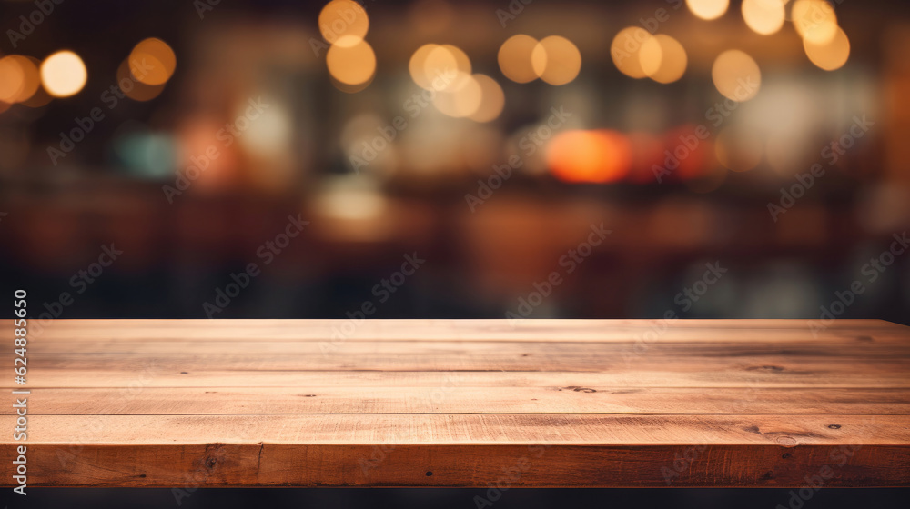 Empty wooden table space platform defocused restaurant interior Empty wooden table space platform defocused restaurant interior