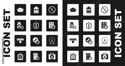 Set Anti worms parasite, Animal health insurance, Bag of food, Pet bowl, Dog pill, Clinical record pet, Hamster wheel and Collar with name tag icon. Vector