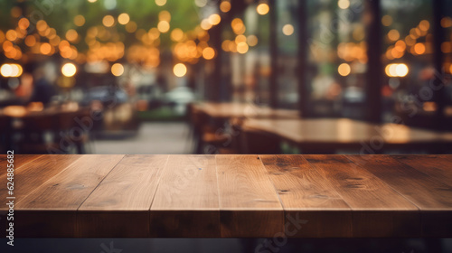 Empty wooden table space platform defocused restaurant interior © Sasint