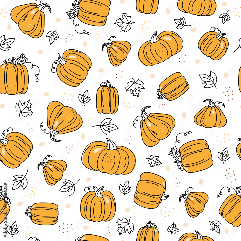 The Pattern is Autumn. A set of vegetables, a pumpkin. Halloween. Harvest of vegetables. Contour drawing, colored spots. Harvest, food. Fall season. Doodle. Vector seamless background. The Pattern is Autumn. A set of vegetables, a pumpkin. Halloween. Harvest of vegetables. Contour drawing, colored spots. Harvest, food. Fall season. Doodle. Vector seamless background.