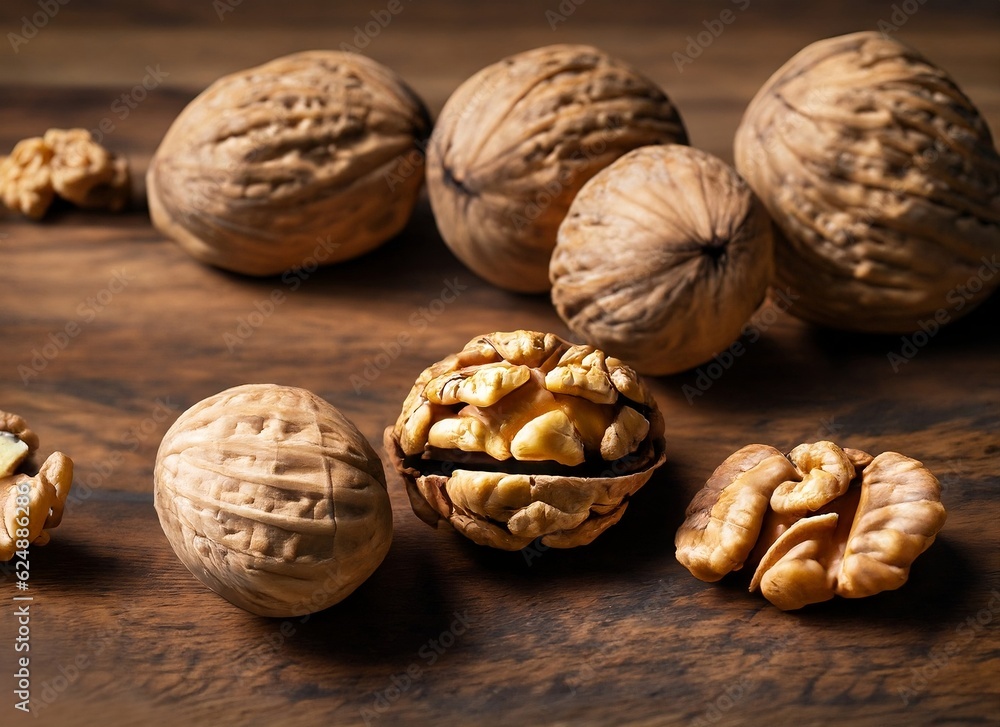 Some walnuts on a wooden table, ultra realistic, Ai, Generative Ai, food, nuts snack Some walnuts on a wooden table, ultra realistic, Ai, Generative Ai, food, nuts snack