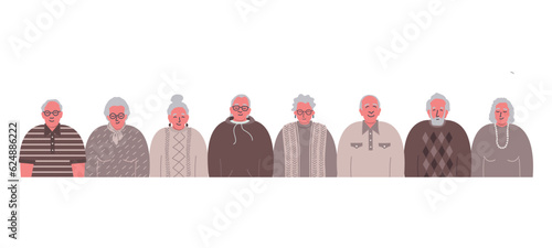 Senior people community. Elderly men and elderly women are standing together. People icons in brown. Vector illustration