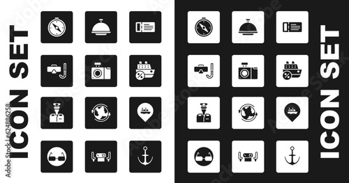 Set Cruise ticket, Photo camera, Diving mask and snorkel, Compass, ship, Covered with tray, Location cruise and Captain of icon. Vector