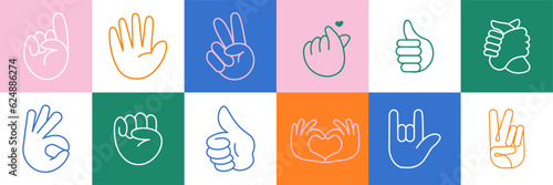Hands Thin Line Icons vector design. Colorful background. Vector hands. Like, love, ok, fist, handshake