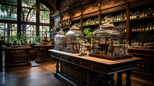 The interior of an old fashioned Apothecary shop with mysterious goods and products displayed on shop counters and stacked on shelves © Sasint