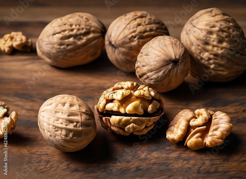 Some walnuts on a wooden table, ultra realistic, Ai, Generative Ai, food, nuts snack