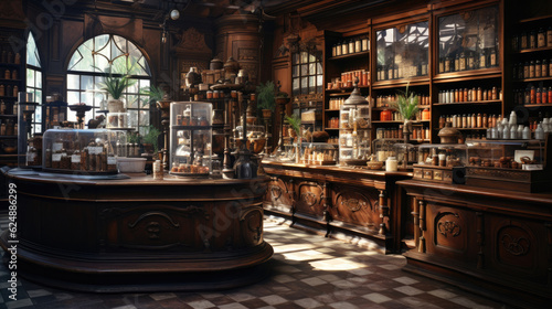 The interior of an old fashioned Apothecary shop with mysterious goods and products displayed on shop counters and stacked on shelves