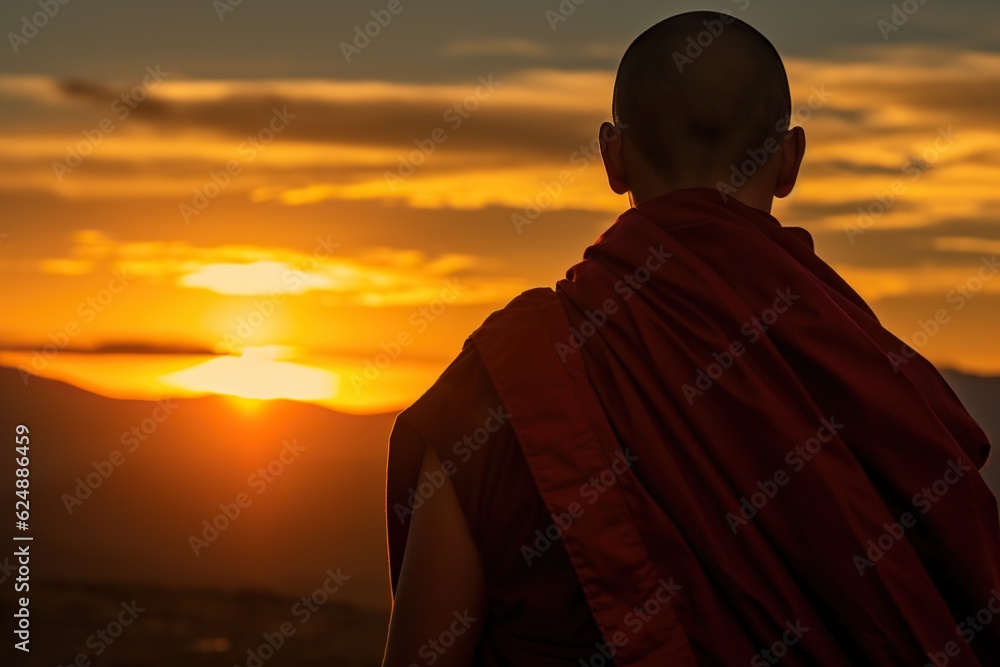 Sunset Serenity: Close-Up of Tibetan Monk in Tranquil Meditation - Generative ai Sunset Serenity: Close-Up of Tibetan Monk in Tranquil Meditation - Generative ai
