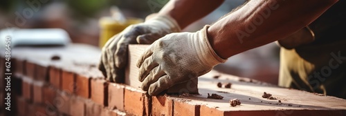 Hands of a Skillful Bricklayer Constructing Wall - Generative ai photo