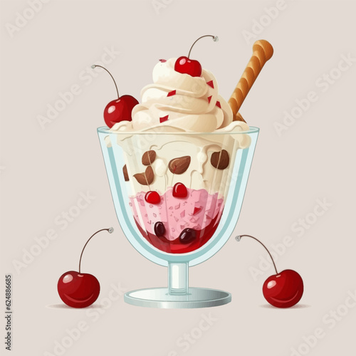 Ice cream with cherries. Cherry ice cream. Vector illustration