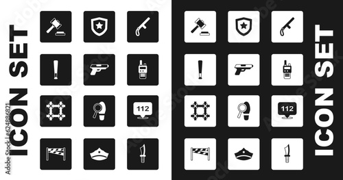 Set Police rubber baton, Pistol or gun, Baseball, Judge gavel, Walkie talkie, badge, Telephone call 112 and Prison window icon. Vector