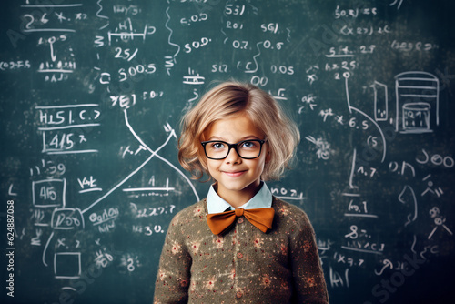 Generative AI illustration of smart male kid in sweater with bowtie and glasses looking at camera while standing against chalkboard with lettering photo