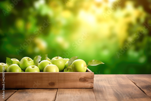 Empty wooden table top with green apples, product display, showcase stage on blurred garden background. Generative AI.	 photo