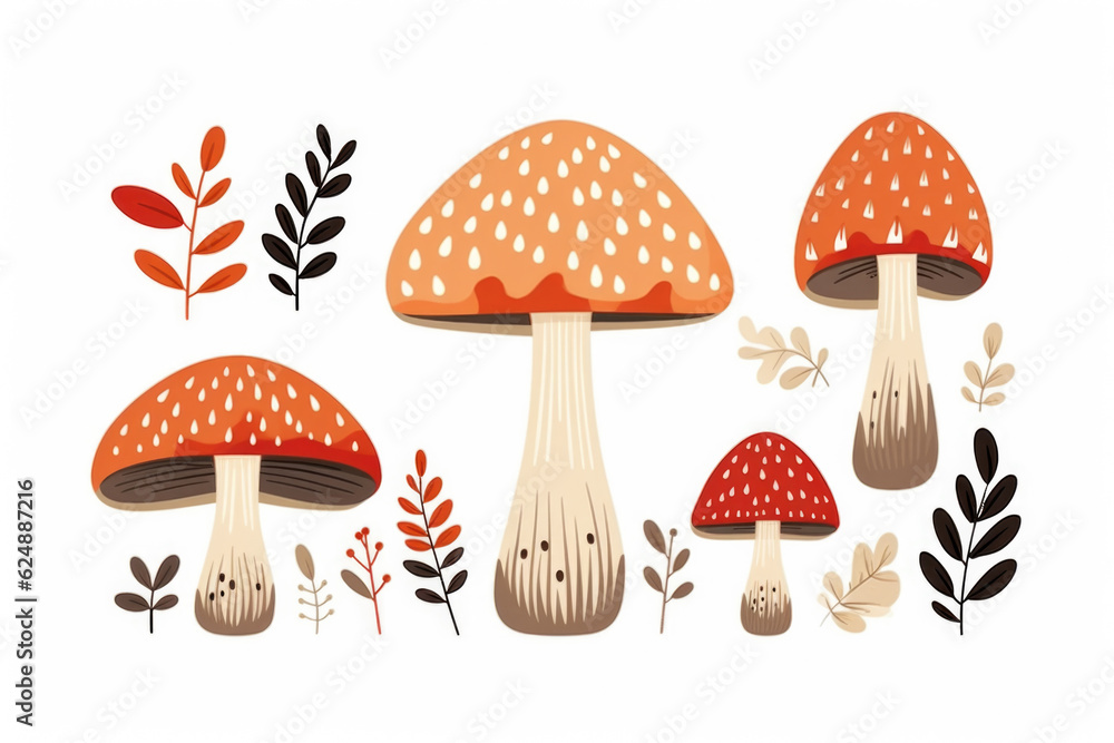 Set of toxic mushrooms with forest leaves.