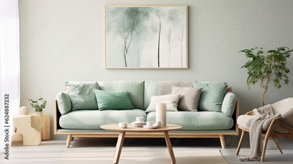 Fototapeta premium Stylish scandinavian living room interior with design mint sofa, furnitures, mock up poster map, plants, and elegant personal accessories. Home decor. Interior design.